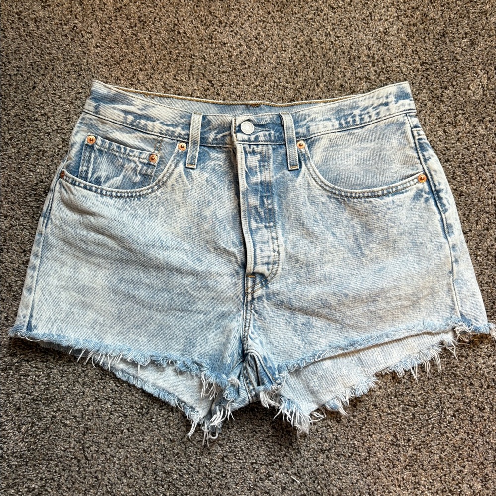 Levi's Blue Jean Shorts with Frayed Hem and Vintage Fading